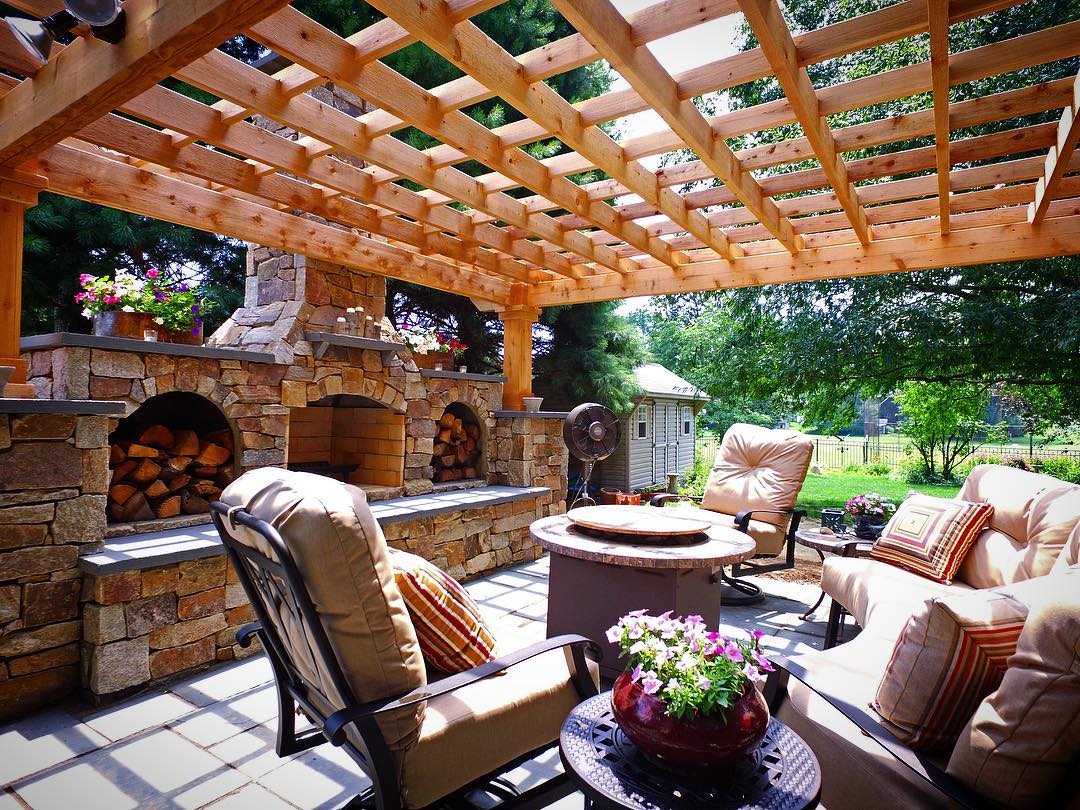 Pergola and patio with fireplace