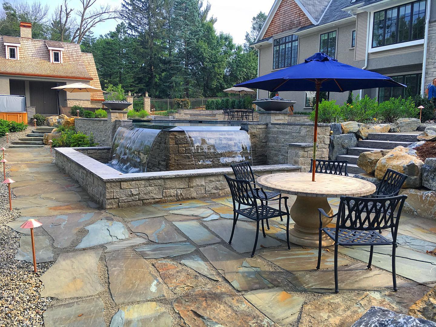 pool and patio with waterfalls